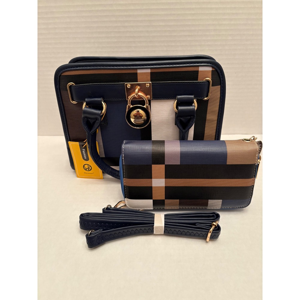 Wendykeen Plaid Satchel Handbag and Matching Wristlet Wallet Set Navy Brown New